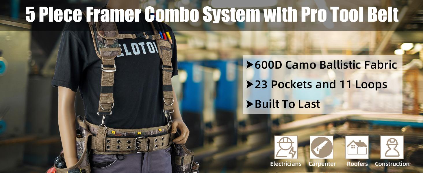 MELOTOUGH Camo Tool Belt with Suspenders Camouflage Tool Bag Supenders Framers Comb Apron Tool Belt Construction Tool Pouch Suspenders Heavy Duty Carpenter Suspension Rig for Electrician