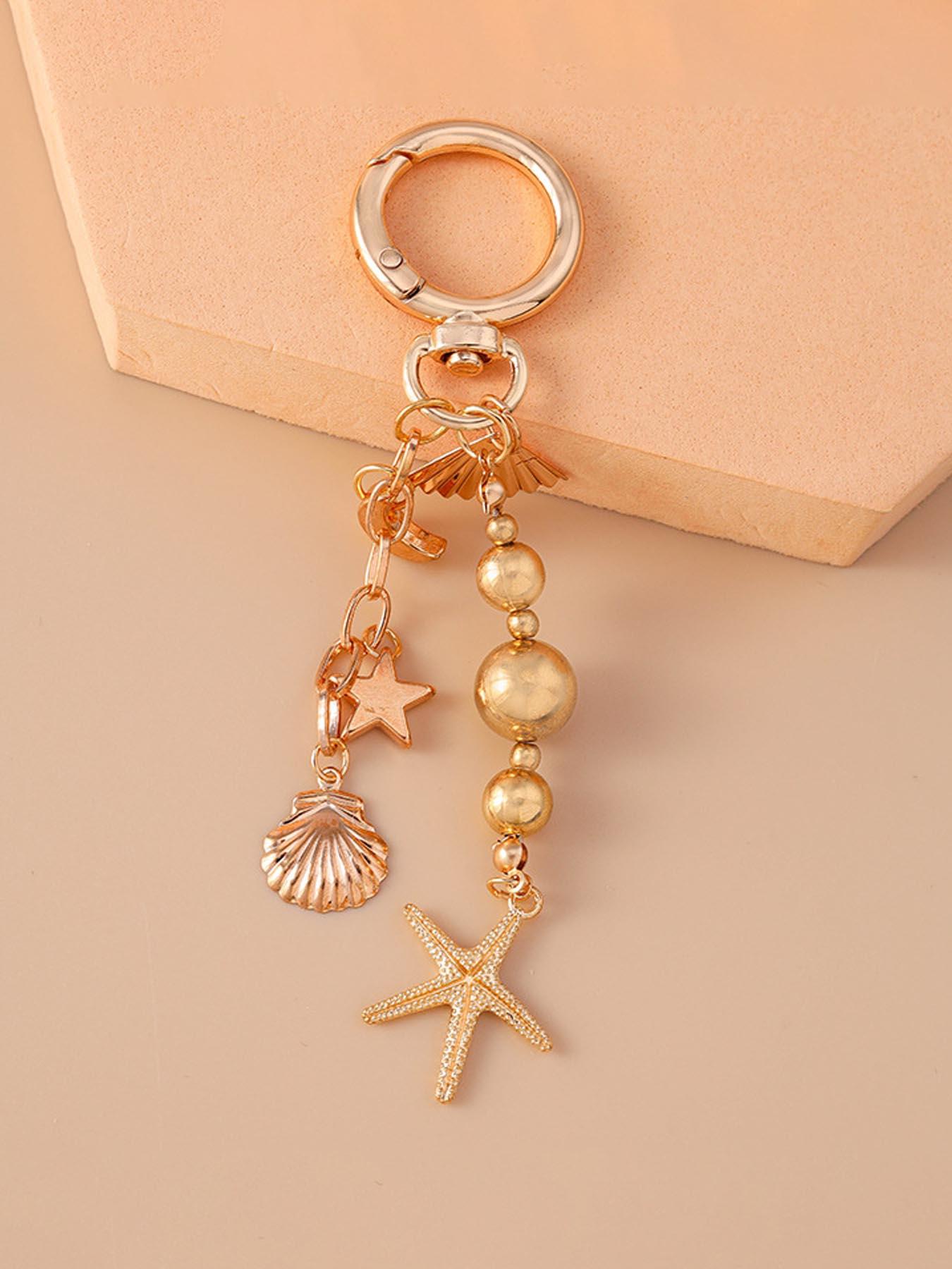 Boho Style Moon Star Sea Star Keychain, Fashion Key Ring with Pearl Shell Beads, Elegant Heart Key Holder, Baroque Bag Charm