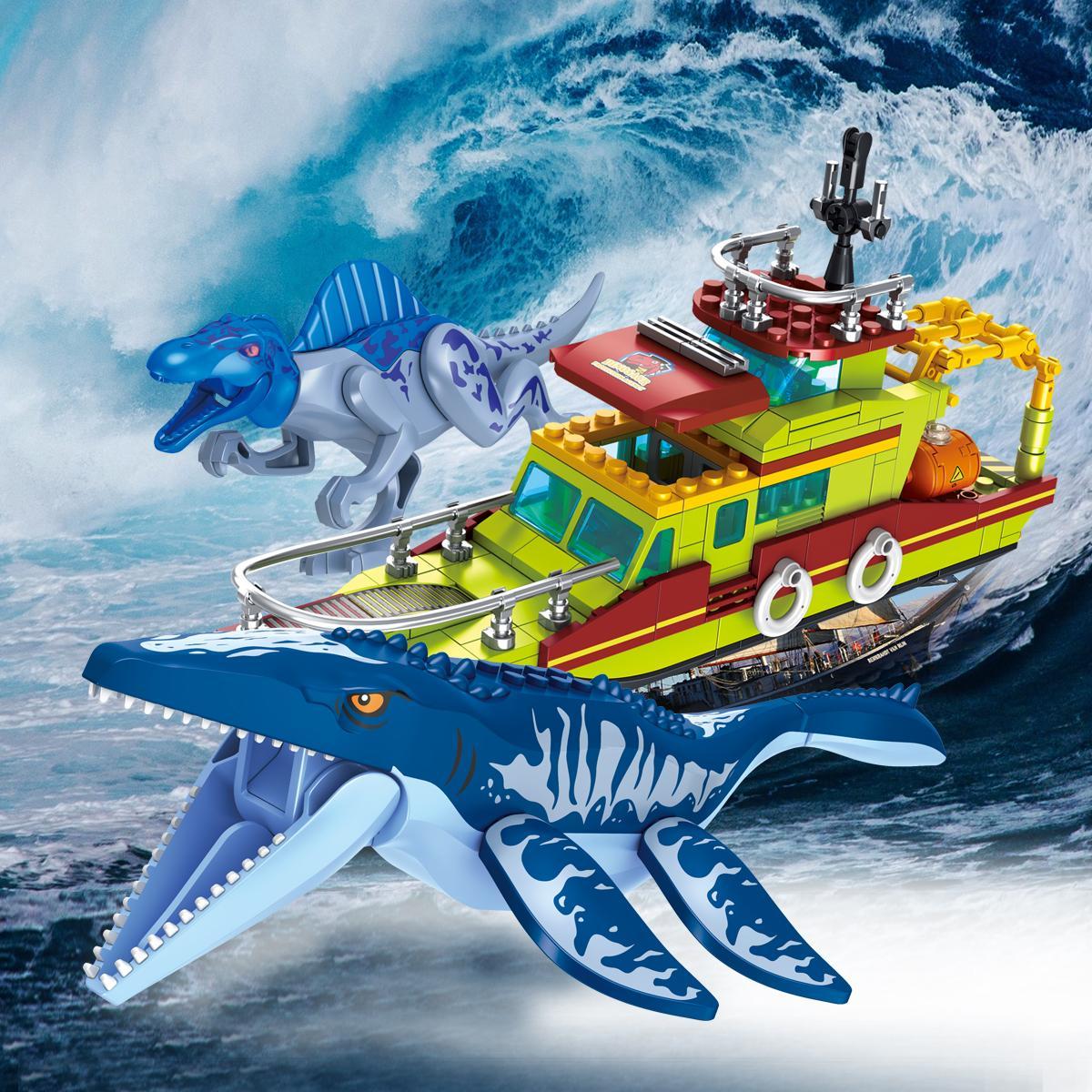 Jurassic Dinosaur Exploration Building Set, Deep Sea Escape, Assemble Mosasaurus Spinosaurus, Animal Shape, Abs Plastic, Toy Gift