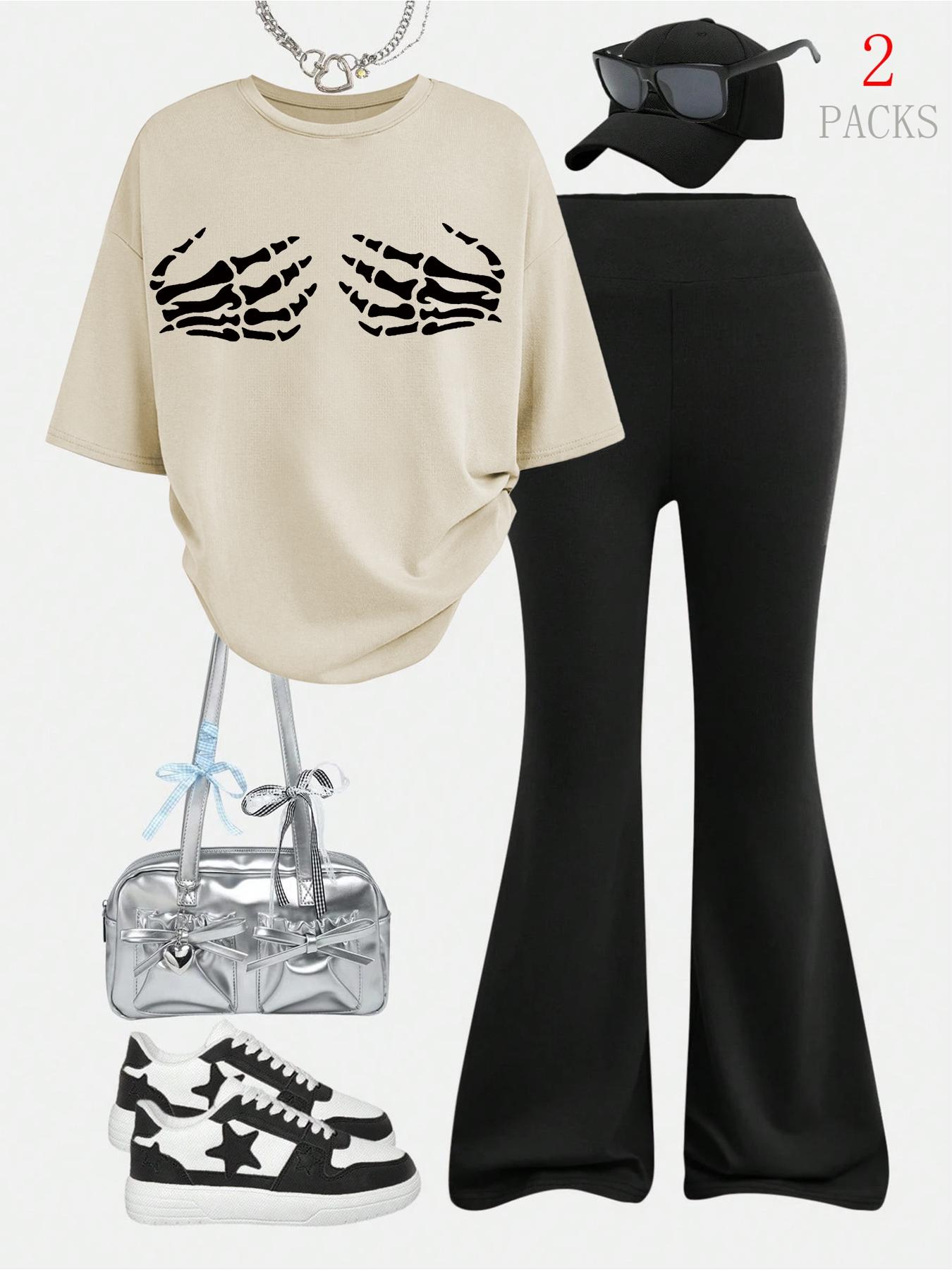 Women's Loose Casual Round Neck Short Sleeve Top, Slim Fit Bell Bottoms, Skull Print, Perfect for All Seasons, Shopping, Travel, Outdoor Sports