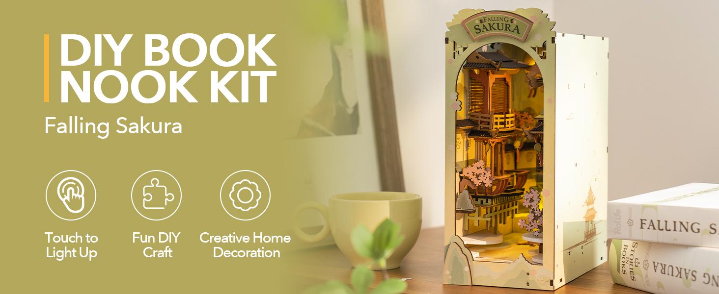 Robotime Rolife Book Nook Kits for Adults,3D Wooden Puzzle Bookshelf Decor Insert Alley DIY Miniature Booknook Model Craft Kits for Adults Gifts with LED on Birthday Christmas TGB05 Falling Sakura
