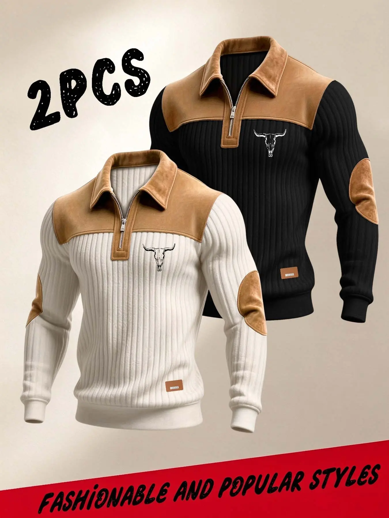 Men's Fall Winter Patchwork Lapel Half-Zip Knit Sweater, American Bull Skull + Suede Long Sleeve Top, Business Texture Pullover Set