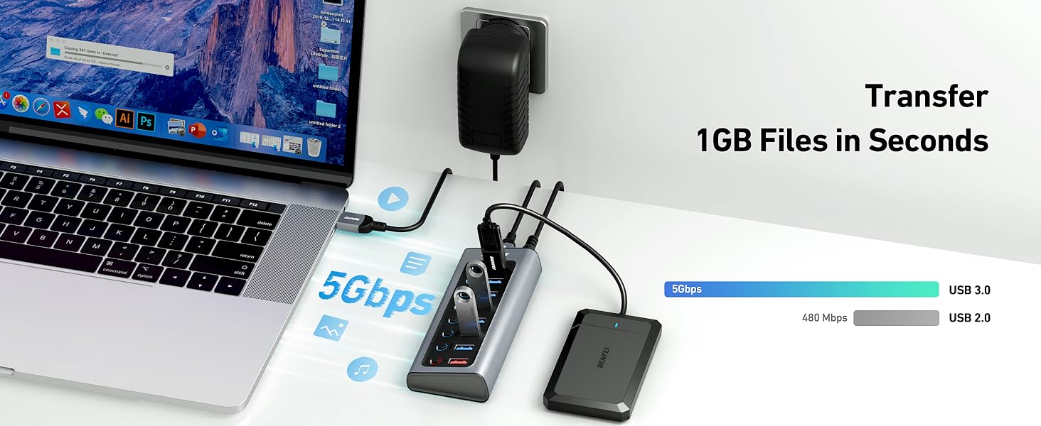BENFEI Powered USB Hub with 7 Data Transfer Ports+1 Smart Charging Port USB Splitter Individual LED On/Off Switches BENFEI Powered USB Hub with 7 Data Transfer Ports+1 Smart Charging Port USB Splitter Individual LED On/Off Switches