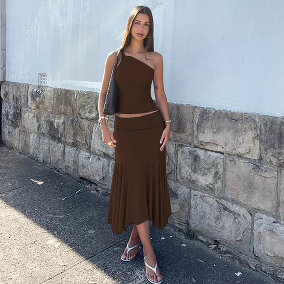 Two-piece Set, Beach Outfits Set, Women's Solid Color One Shoulder Knotted Sleeveless Tank Top & Bodycon Ruched Irregular Hem Skirt, Casual Outfits for Daily Outdoor Wear, Ladies Clothes for Summer