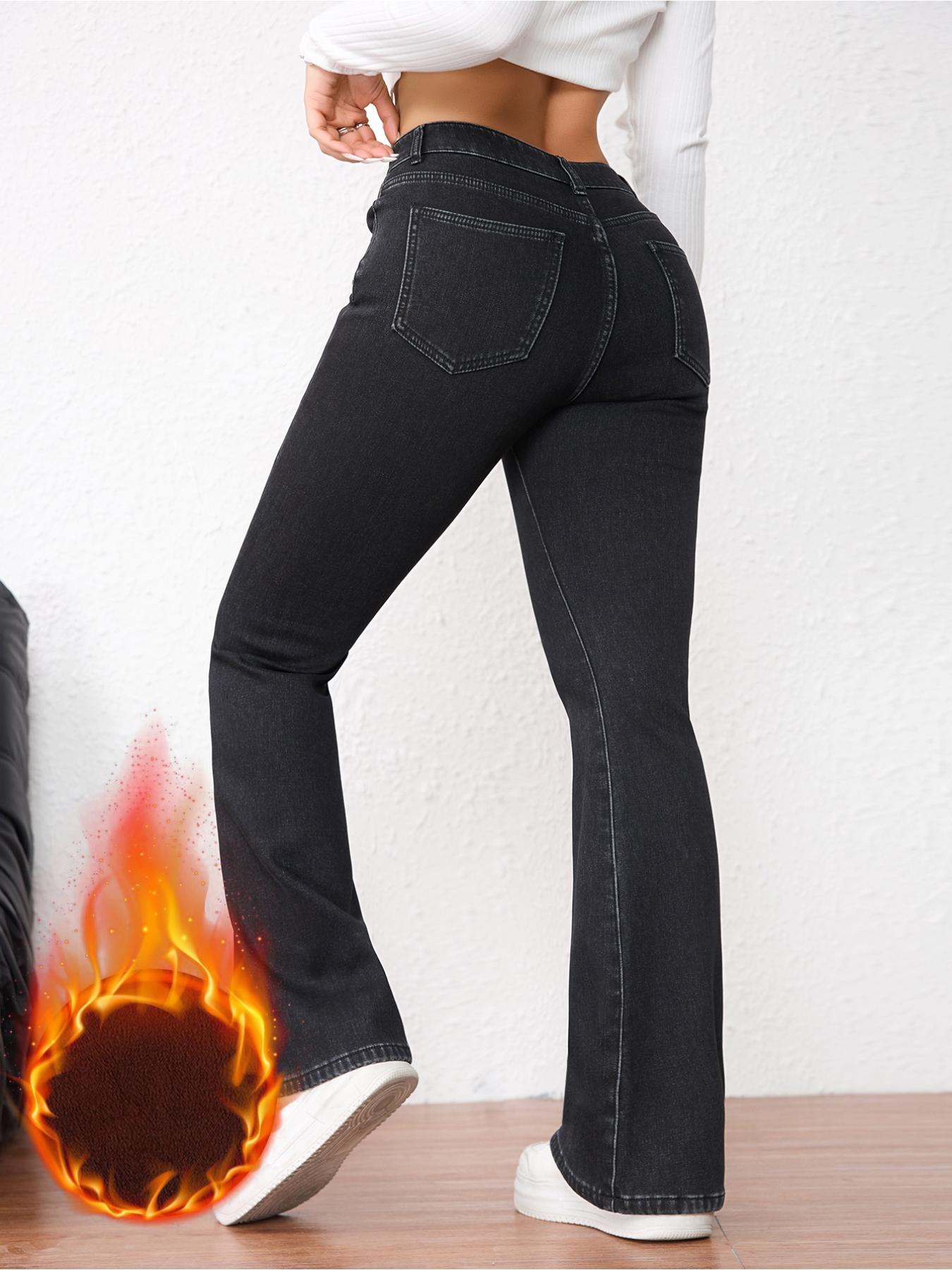 Women's Fleece Lined Thick Fitted Denim Jean Flare Pants, Elegant Fall & Winter Fashion, Warm Woven Fabric, Plain Pattern, Versatile Style