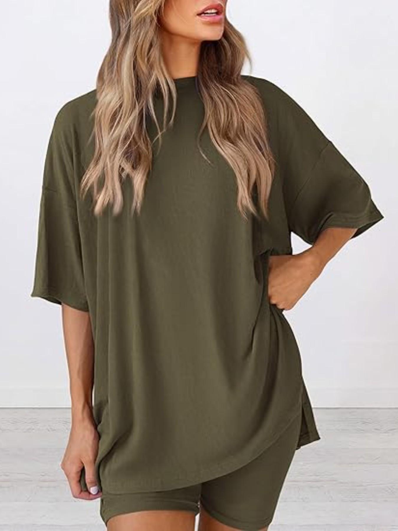 Women's Solid Color T-Shirt and Tight Shorts Set, Summer Comfort Round Neck Pajamas Loungewear, Nightwear, Pocket Design, Suitable for Outdoor Wear