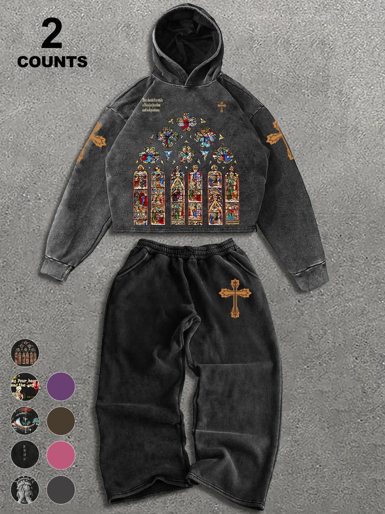 Vintage Acid Wash Stained Glass Graphic Print Hoodie and Oversized Sweatpants 2-Piece Set | Y2K Grunge Streetwear Co-ord for Men & Women | High-Quality Heavyweight Religious Art Tracksuit for Daily Street Style