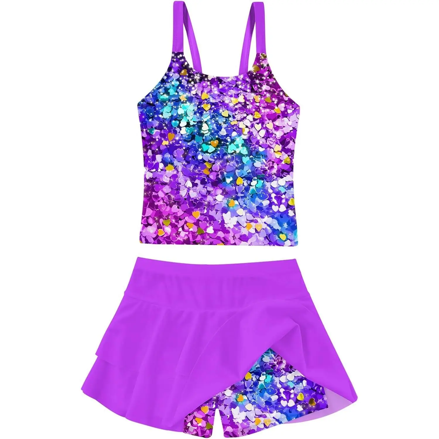 Girls' Two-Piece Tankini Swimsuit with Shorts Summer Beach Swimwear for Ages 7-12(Gift)