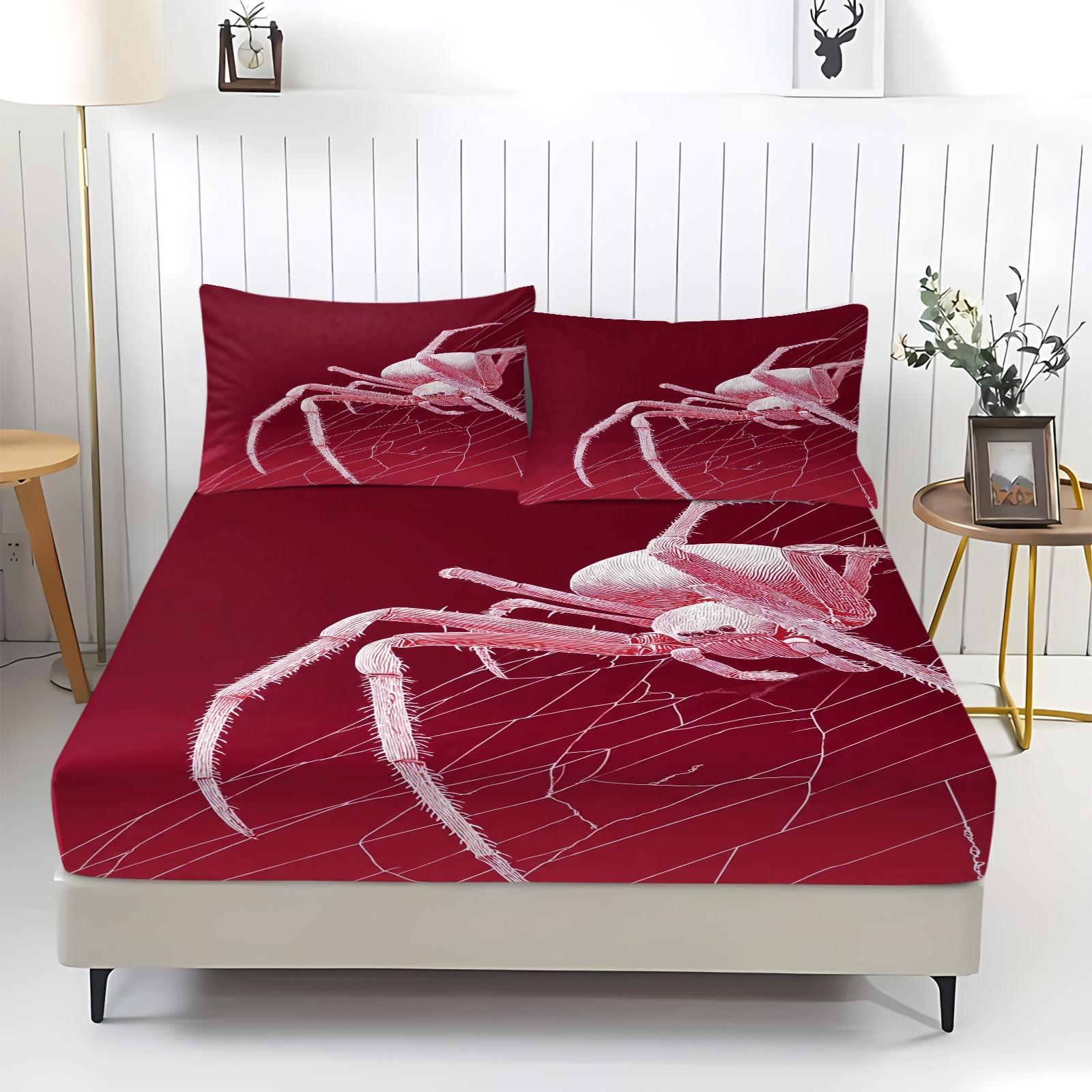 Spider Pattern Bedding Set (1 Fitted Sheet + 2 Pillowcases), Deep Pocket Fitted Sheet, Modern Home Essential Decorative Bedding