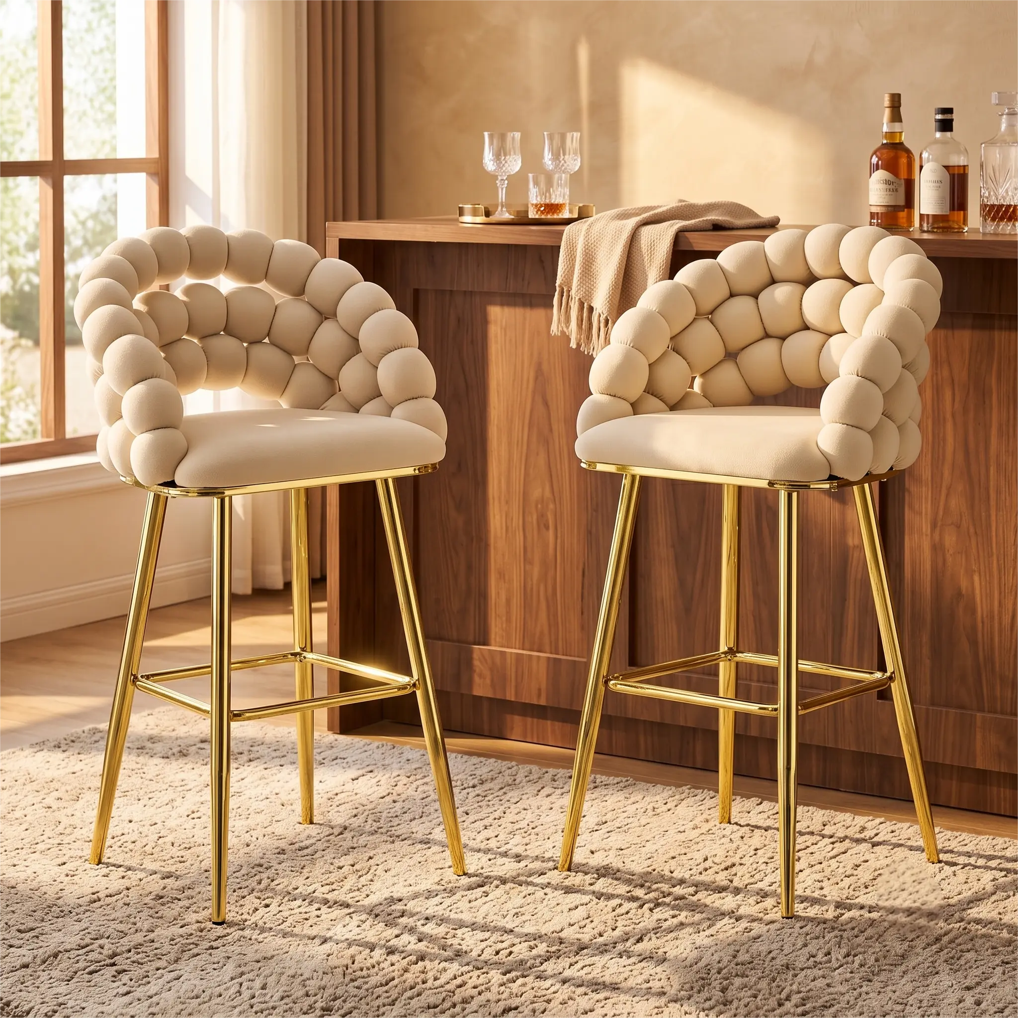 Linsy Set of 2 Velvet Bubble Back Bar Stools with Metal Legs, Padded Ball-Chain Accent Seating for Kitchen Island and Home Bar, Eight Upholstery and Leg-Finish Pairings in Beige, Orange or Yellow, Overall Size 22 in L x 14.20 in W x 42.50 in H