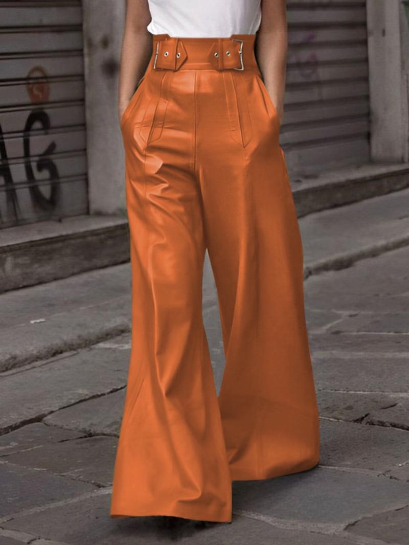 Women's Solid Color Pocket High Waist Wide Leg PU Leather Pants, Fashion Casual Trousers for Daily Outdoor Wear, Ladies Bottoms for All Seasons