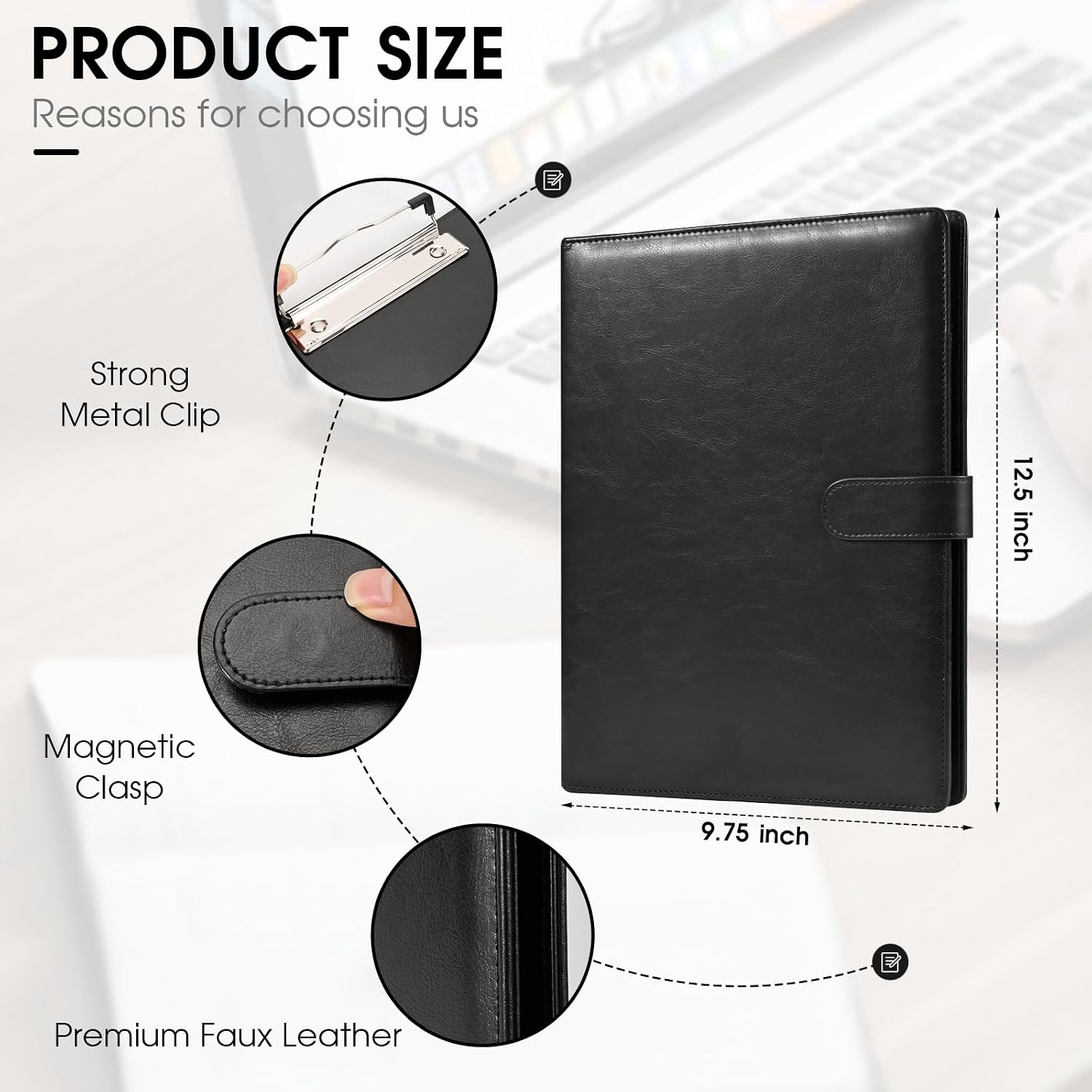 Professional Portfolio Binder with Clipboard, Faux Leather Padfolio Organizer for Resume, Interview Business Conference, Legal Pad Holder for A4 Letter Size Notepad with Multi-Pocket Storage (Black)
