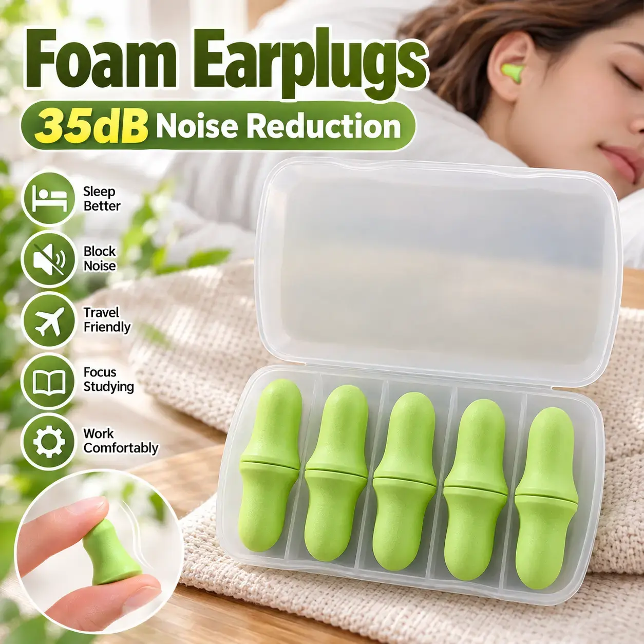 5 Pairs Foam Earplugs with Storage Case, 35dB Noise Reduction Comfortable Ear Plugs for Sleeping, Snoring, Concerts, Travel, Studying, Work & Loud Environments
