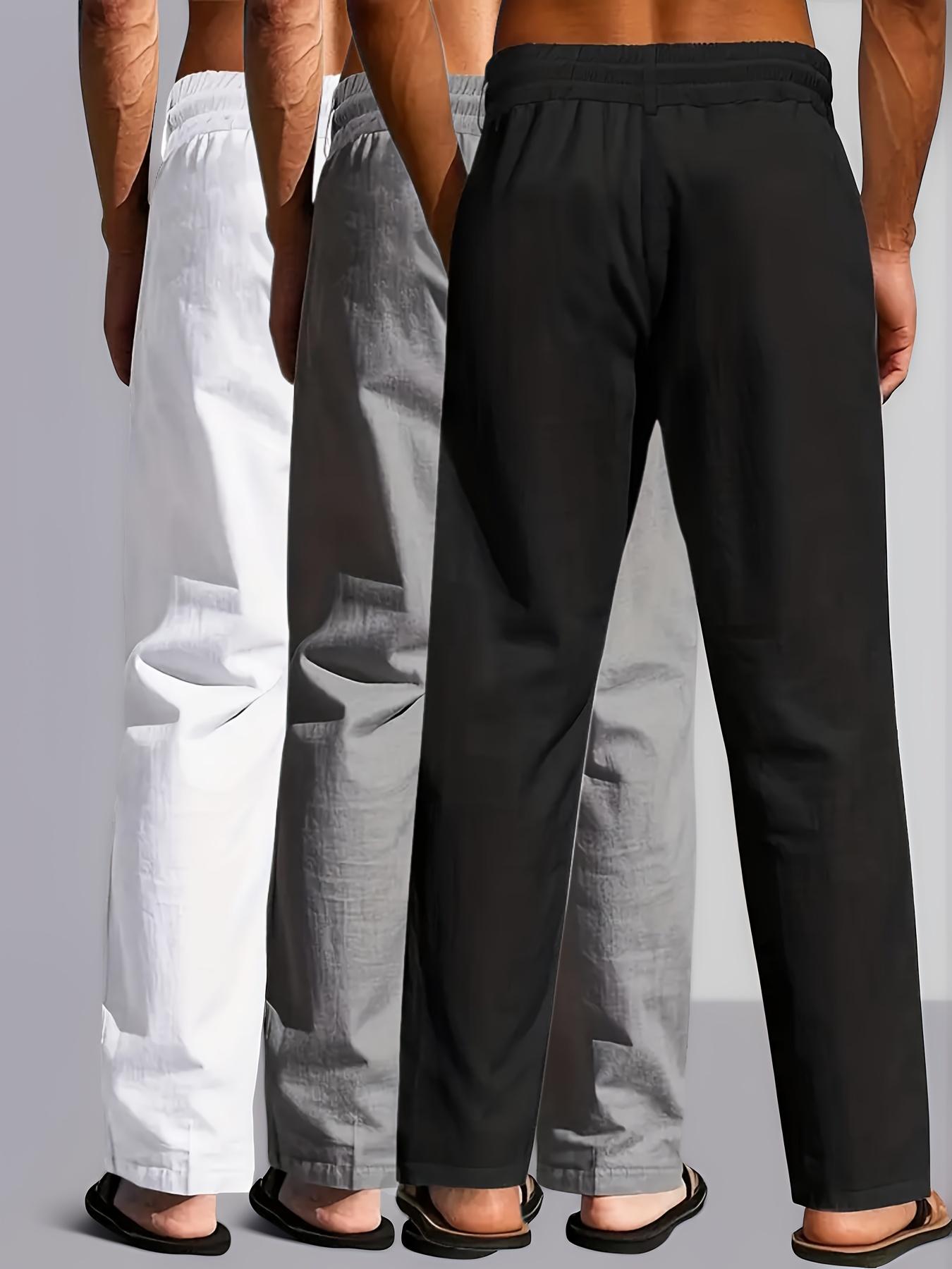3 pieces of men's summer plain-color simple linen casual straight-leg trousers, Casual Solid Drawstring, beach-friendly lightweight breathable linen trousers, suitable for daily commuting and outdoor activities, vacations, beaches, Casual Fashion Pockets
