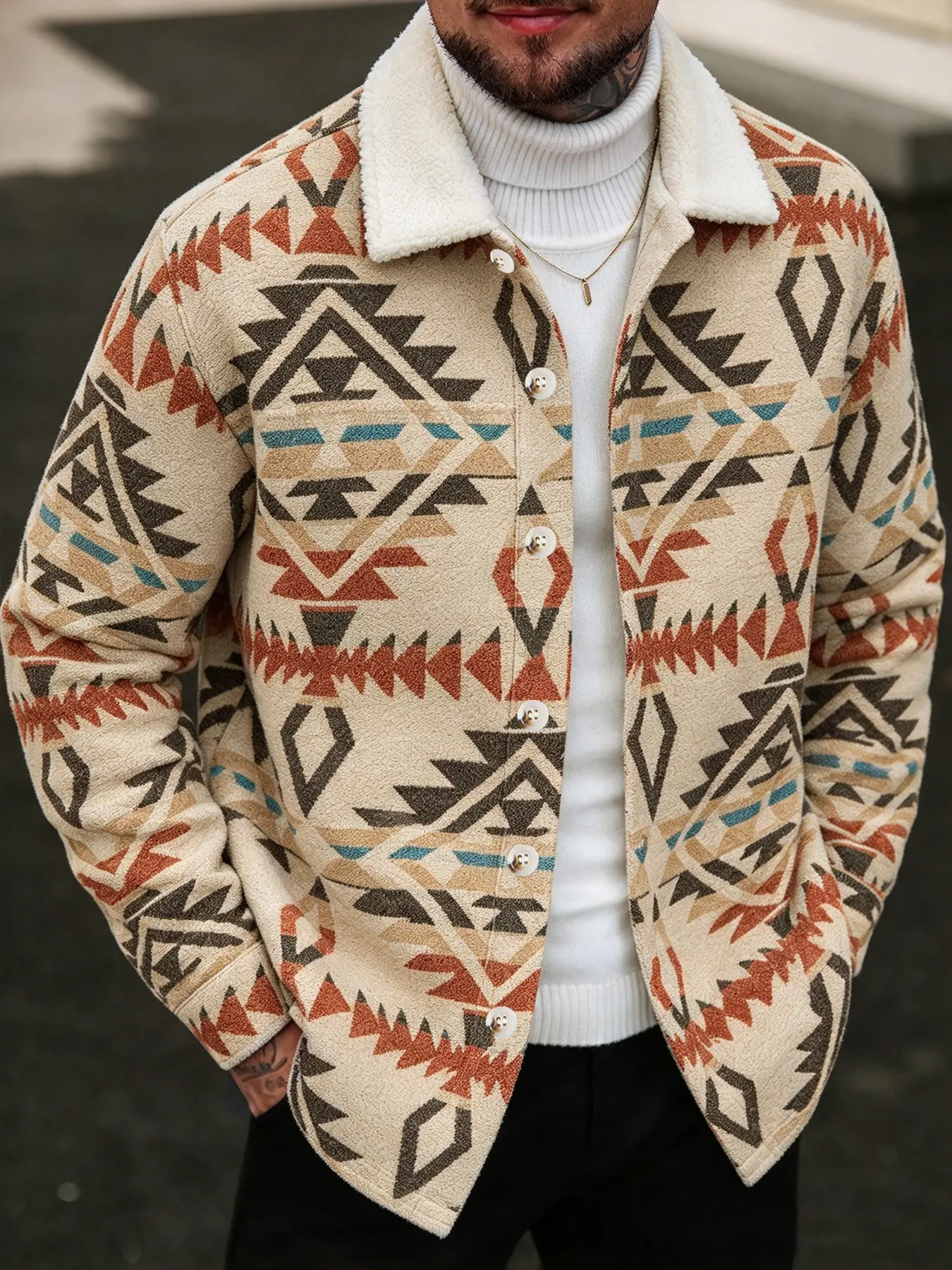Men's Aztec Print Shacket Jacket, Retro Western Style, Fleece Collar & Button Front, Winter Streetwear & Hiking Outerwear
