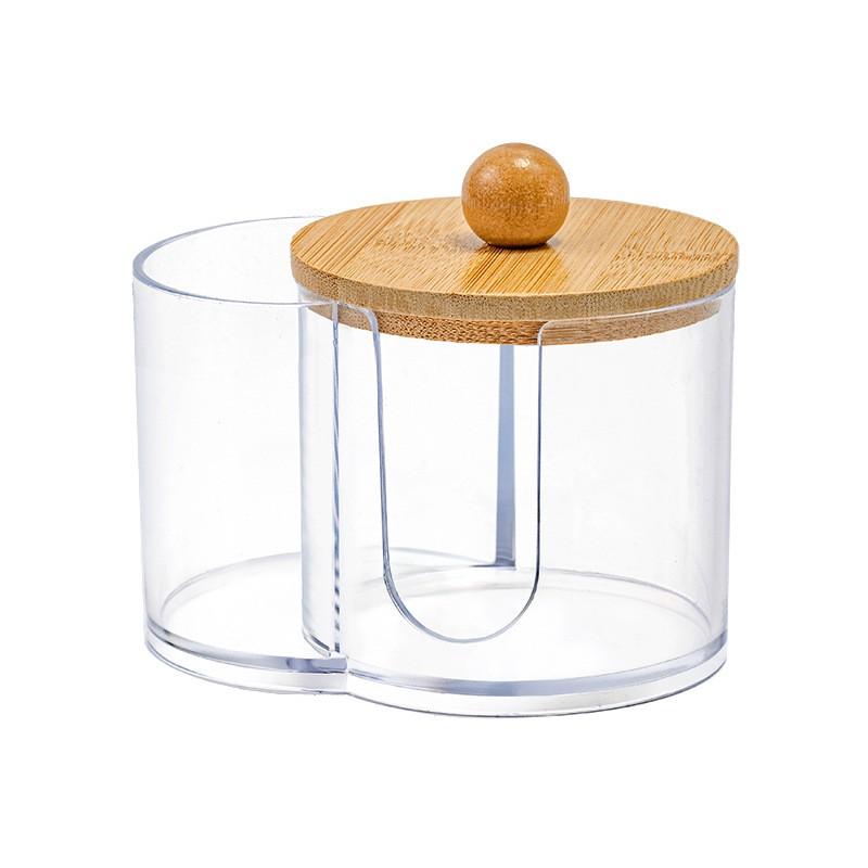 2-In-1 Transparent Cotton Swab Makeup Storage Box, Wooden Lid, Dual Compartment Bathroom Organizer, Space-Saving Vanity Tray, Natural Wood Finish