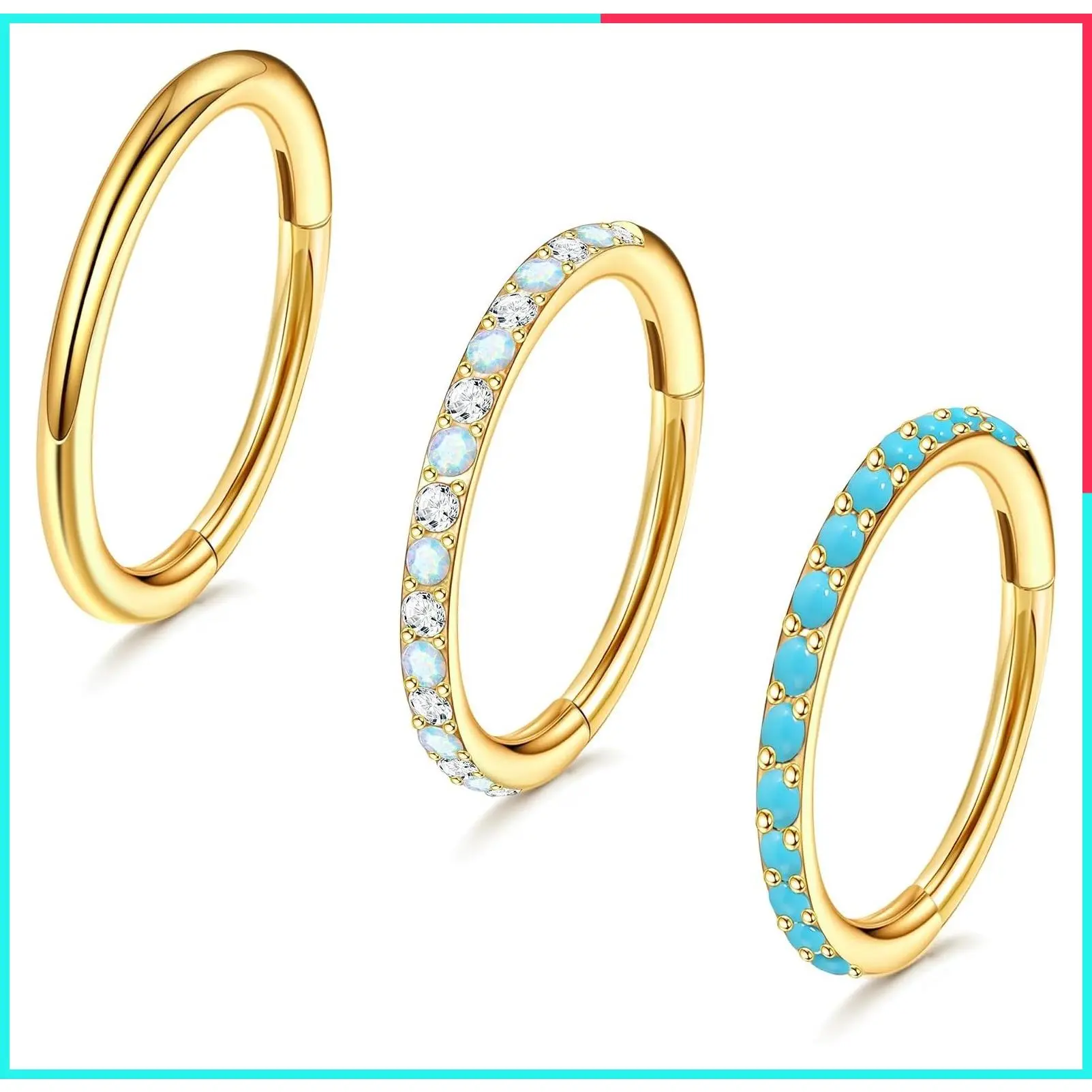 3pcs 316L Surgical Steel Nose Rings Hoops 16G/18G/20G CZ Opal Turquoise Clicker Septum Lip Helix Cartilage Daith Rook Conch Body Piercing Jewelry for Women Men 6mm 8mm 10mm