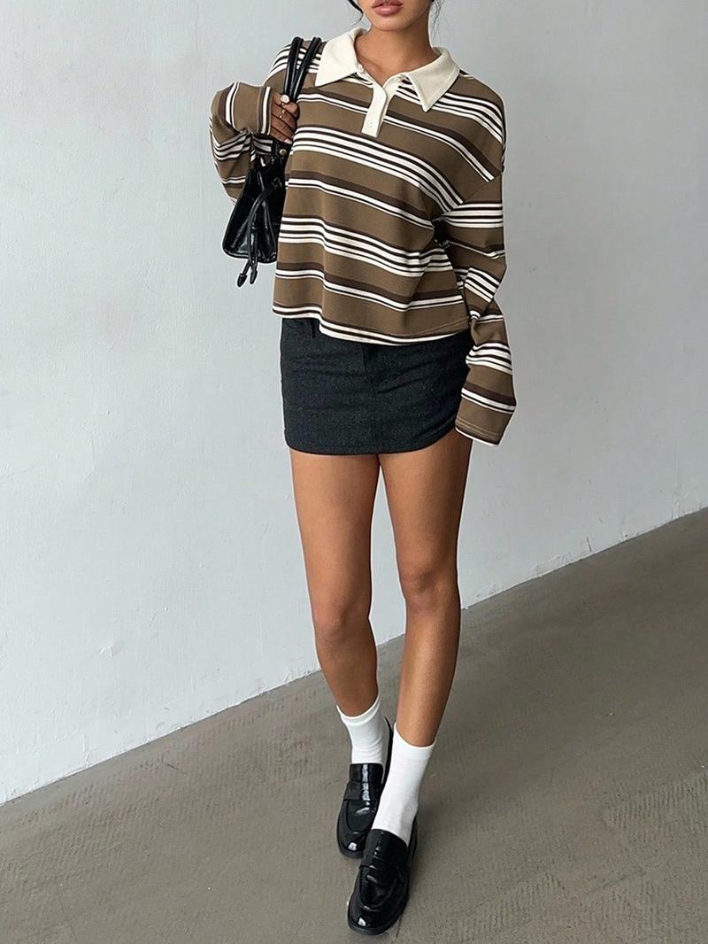 Striped Lapel Long Sleeve Top, American Casual Style, Loose Fit + Lapel Design, Perfect for Daily Commute Wear