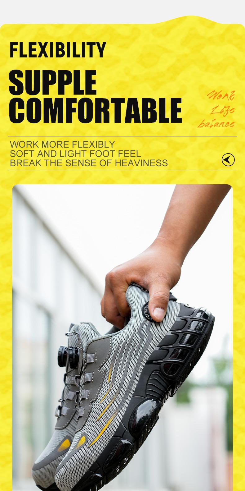 QINGRUIPAI Men's Breathable Mesh Work Sneakers Durable Anti-Slip Safety Shoes with Steel Toe Protection Comfort Fit for All Seasons Casual Striped Design Elastic Closure Non-Slip EVA Sole Outdoorfun Fathersdaygift