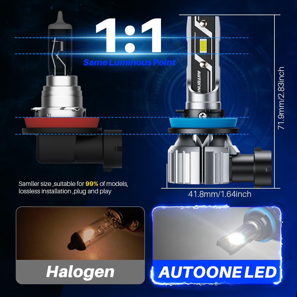 AUTOONE H11 H8 H9 Bulbs Headlight Lights, 60W Super Bright 6000K Cool White Headliamps, 1:1 Design, Plug and Play, H8 H9 H16 LED Car Lights, E3 Series Pack of 2
