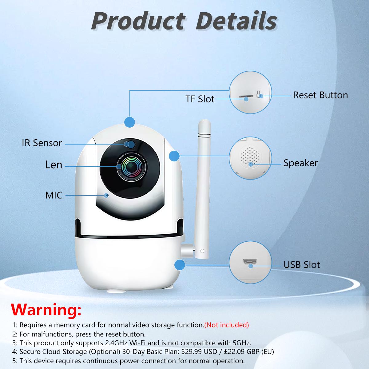 360° Rotatable Wireless Security Camera,Pan&Tlit, 2.4G WiFi Camera for Home Security, Pet Camera with Phone APP Control, Indoor Security Camera for Store/Warehouse/Factory/Home, Home Monitoring Camera