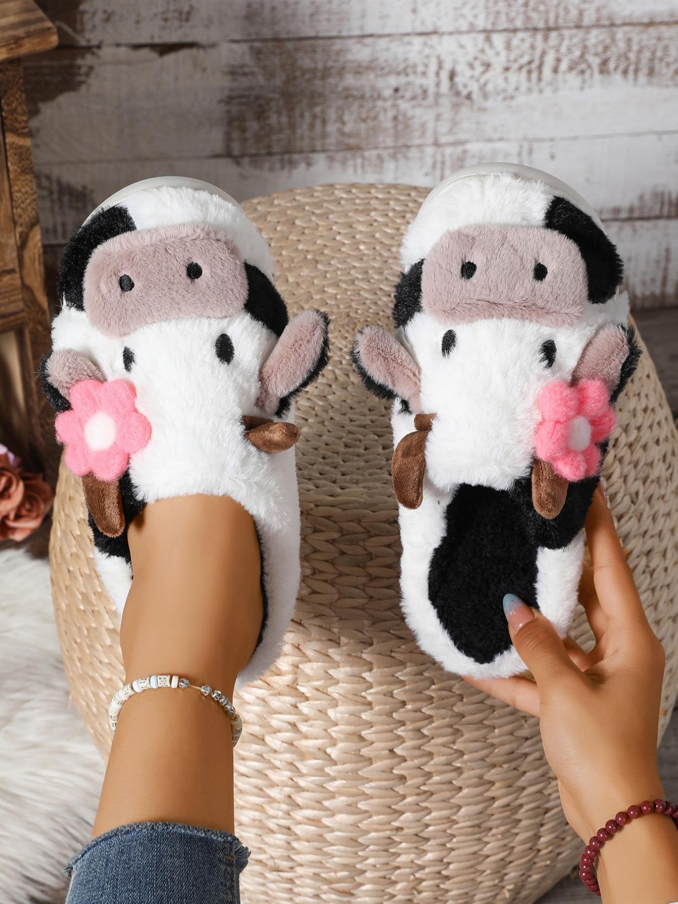 Women's Cute Cow Design Plush Slippers, Warm Bedroom Soft Slippers, Indoor Outdoor Silent Non-Slip Slippers, Casual Animal Pattern,Christmas Gifts For GF