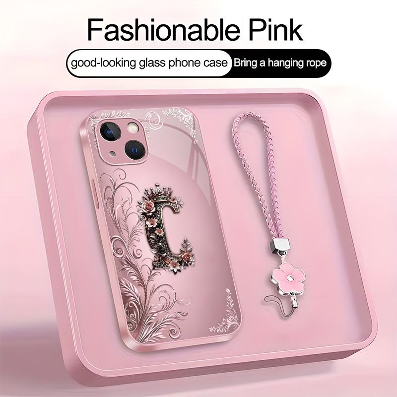 Crown Floral Art 26 letter Phone Case, Suitable for [iPhone 15 Plus] high-end women's, Lanyard a beautiful four-leaf clover lanyard is included 952