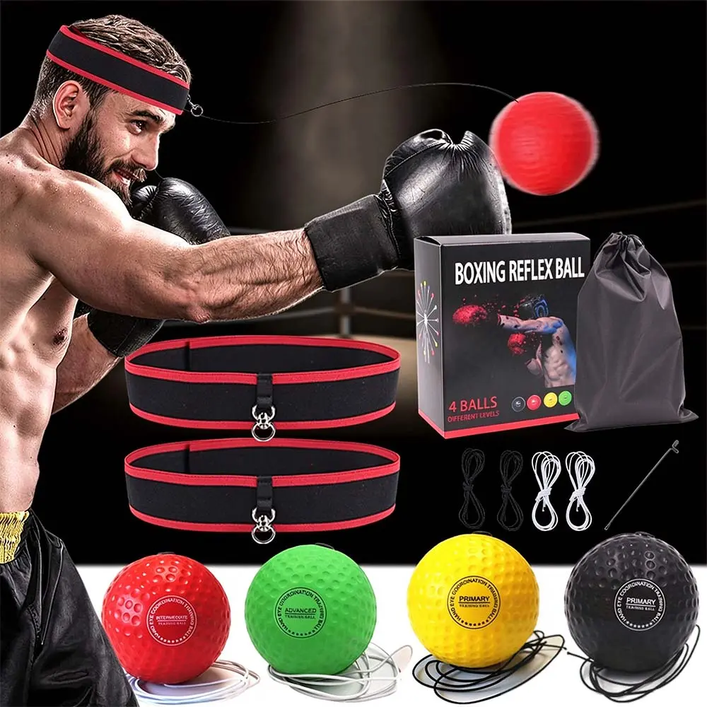 Boxing Reflex Ball Set - 2 Adjustable Headbands + 4 Training Balls | Speed, Agility & Hand-Eye Coordination | MMA Training Equipment Kit