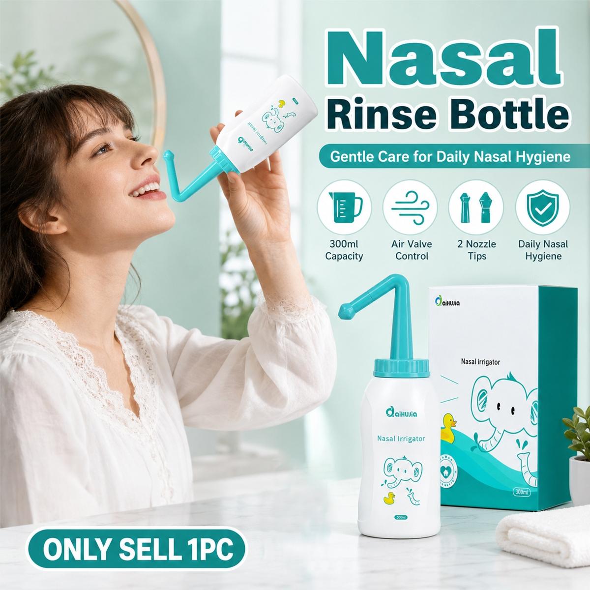 300ml Neti Pot Sinus Rinse Bottle, Pressure Nasal Irrigation Wash Sinus Rinsing Bottle,Cartoon elephant pattern, Single hole and 3-hole nasal irrigation device, Nose Cleaner, Manual Nasal Washer,for Daily Nasal Hygiene, Allergy,Sinus Congestion