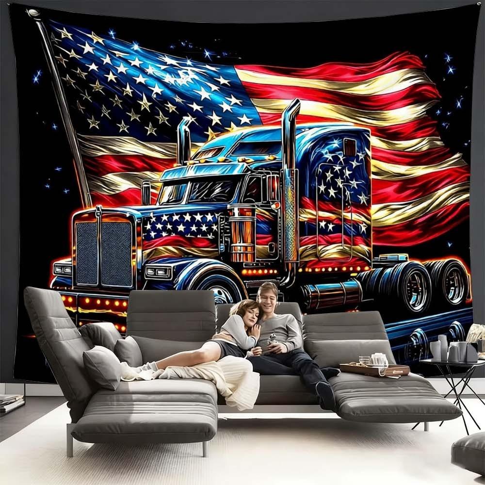 1PC Independence Day themed tapestry wall decoration for living room or bedroom featuring American flag and truck design enhances atmosphere during gatherings and celebrations suitable for creating a patriotic home ambiance perfect for daily enjoyment and