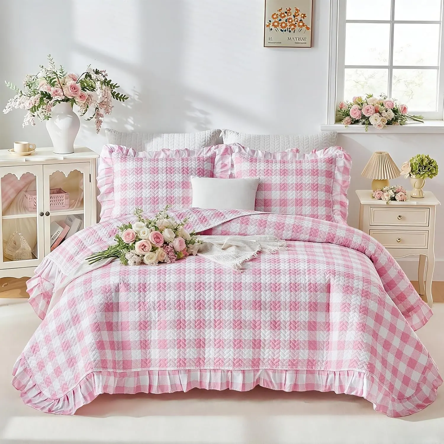 2pcs Ruffle Quilt Set Twin, Pink Gingham Plaid Ruffled Design for Girls, Soft Cozy Microfiber Farmhouse Bedspread Coverlet for All Season- 68x88 inches