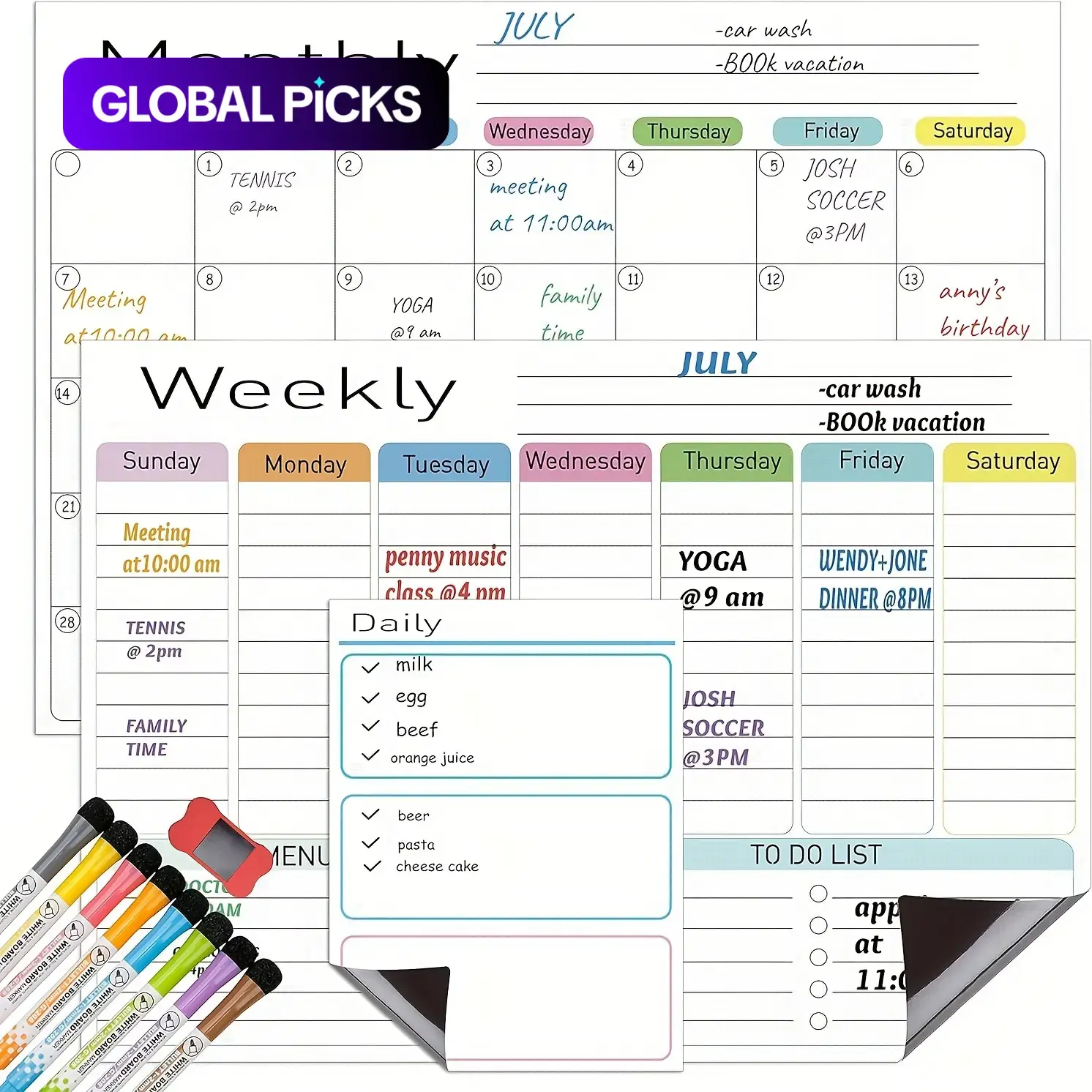 Magnetic Erasable Calendar Whiteboard Set, 1 Piece/3 Pieces, Refrigerator Compatible, Includes Monthly Weekly Daily Notes, Bonus Markers & Board Eraser