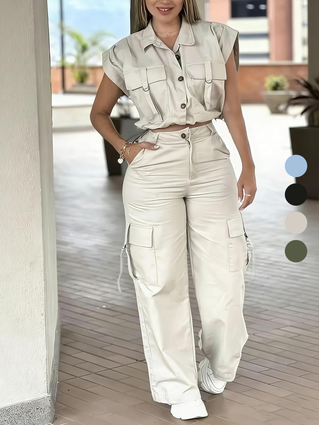 Women's Solid Button Front Tank Top & Cargo Pants, Pockets, Casual Fashion Cozy Two-piece Set for Daily Outdoor Wear, Ladies Clothes for Summer