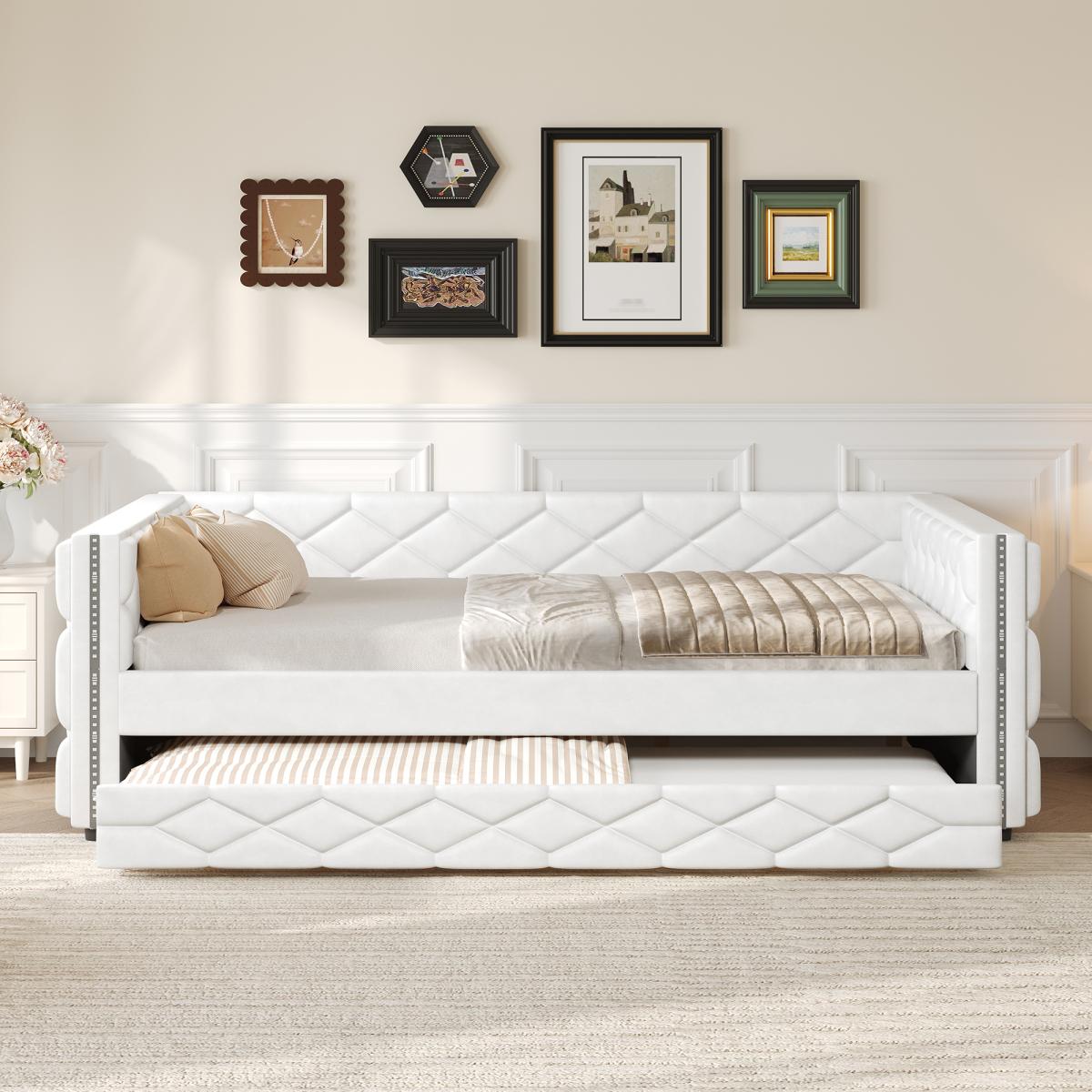 PU Leather Upholstered Daybed with Pull Out Trundle Bed, LED Light Armrests, Multi-Functional Sofa Bed, Solid Wood Frame for Guest Room
