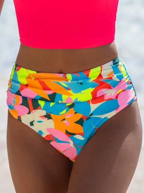 Popvil Back Tie Floral Watermelon Red Tankini Set,U Neck Solid Vest&Tummy Control High Waisted Bikini Bottoms for Women, Neon Bathing Suit,dealsforyoudays