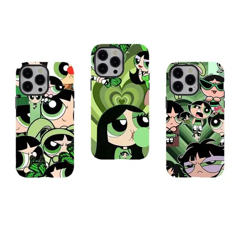 [No magnetic] P0w3rpuff Girls Buttercup Green Collage Phone Cases,2000s Nostalgia Aesthetic Dual-Layer design durable phone Cover,for iPhone 17 16 15 14 13 12 11 8 7 for Samsung Series,Shockproof Protective hard Cover,perfect gift for her