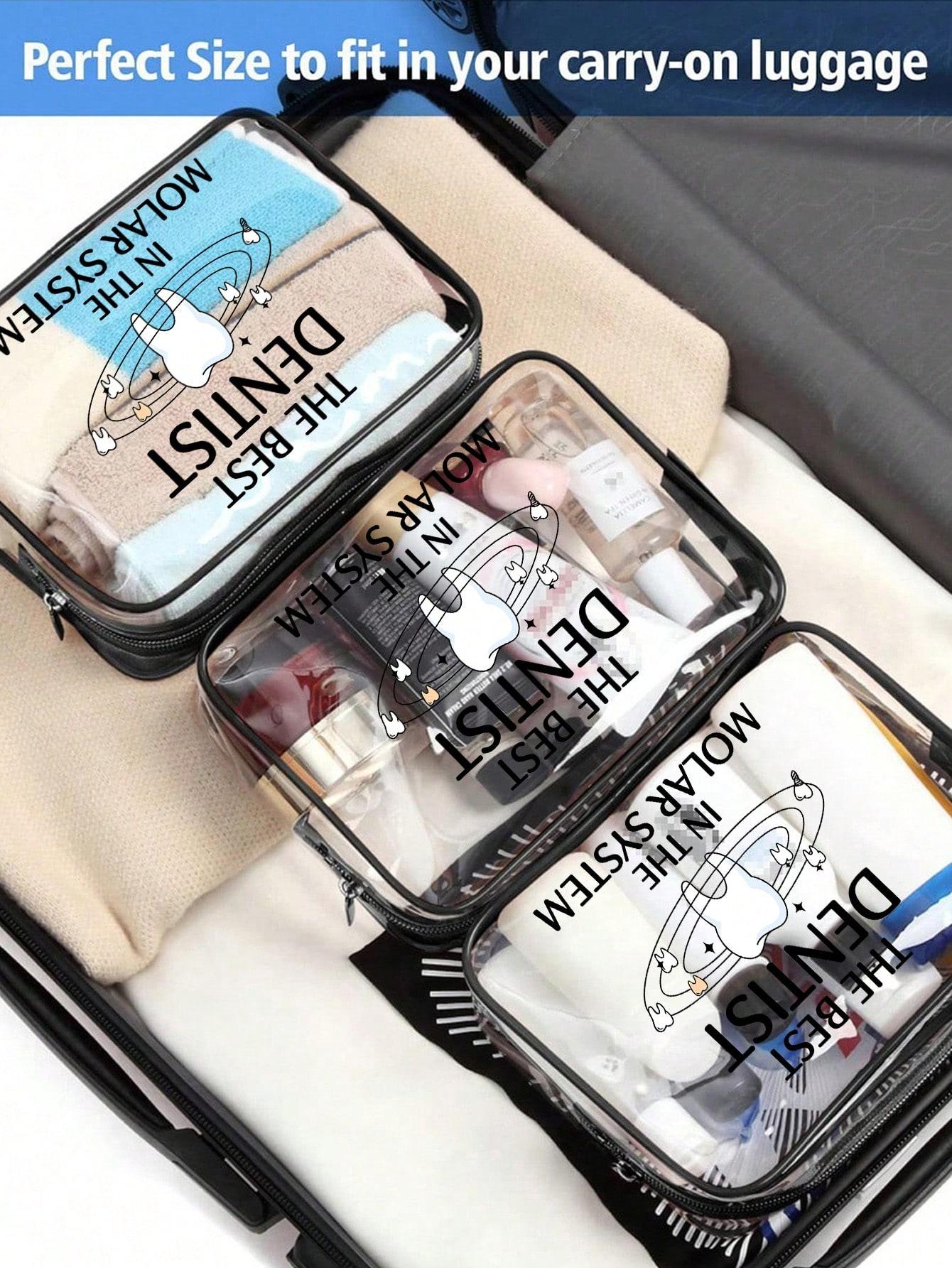 Clear PVC cosmetic bag with fun "Galaxy's Best Dentist" print. Waterproof and portable with zipper. Ideal for dentists, dental students and oral care lovers for work, travel and beach use.