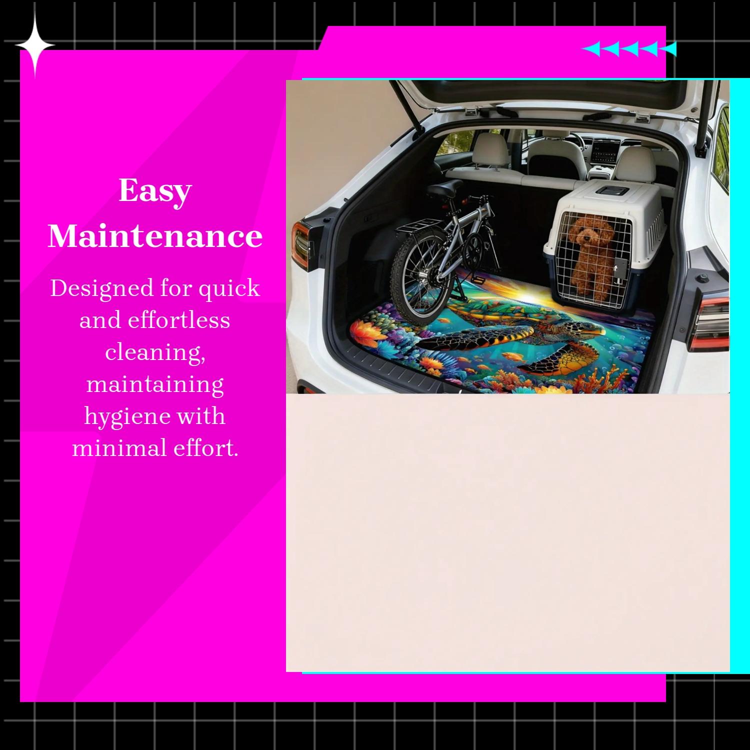 One Piece of a Vibrant Sea Turtle Design Featuring a Sunrise Over The Ocean, Perfect for Car Trunk. This SUV Mat, Car Floor Mats, Serves As an Easy-To-Clean Floor Cover for Camping Gear, Sports Equipment, Making It Ideal for Family Outings