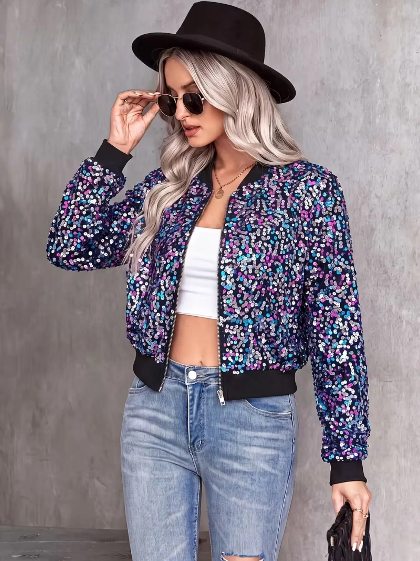 Women's Glitter Shiny Sequin Zip Up Fitted Lightweight Fashion Jacket, Casual Long Sleeve V Neck Outerwear for Daily Wear, Ladies Clothes for All Seasons, Coats, Womenswear