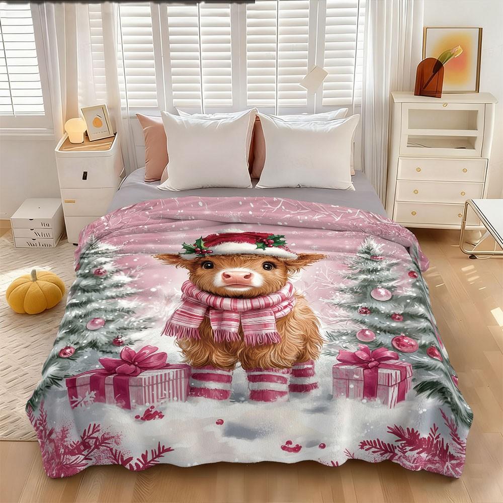 1 Pack Scarf Wearing Highland Cow Christmas Flannel Blanket, Soft Warm Throw for Couch, Car, Office, Camping X‑mas Gift