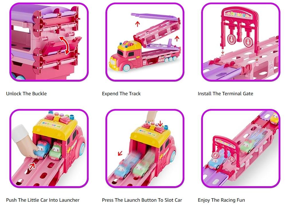 Durable Car Toys Unicorn Car for Age 2-7 Girls - Multifunction Foldable Track & 2 Player Race Mode Game with Light & Sound Push Transport Carrier Truck Kids Christmas gifts Warmed up for holiday