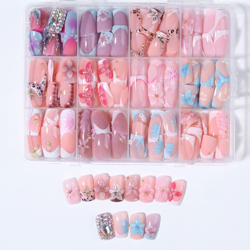 288pcs Square Press-On Nails, 3D Gel Flower, Shell, Star Designs, Medium Length, Acrylic Material, Nail Art Supplies, Perfect for Daily Use & Parties, Kawaii Nails