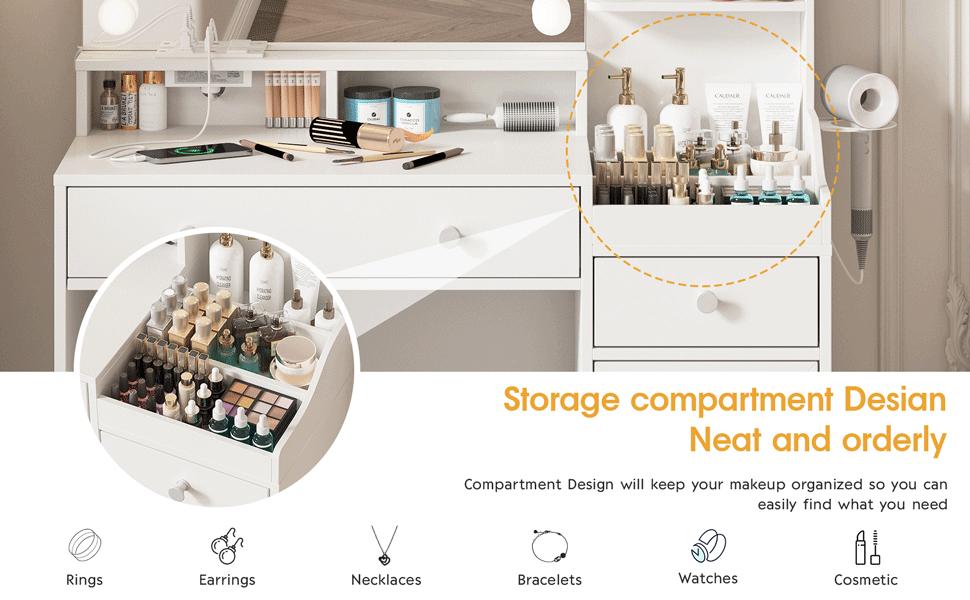 Vabches Vanity with Mirror and Lights, Makeup Vanity Table with Charging Station, Cute Vanity Set with Comfortable Bench, Big Vanity with 3 Storage Compartments