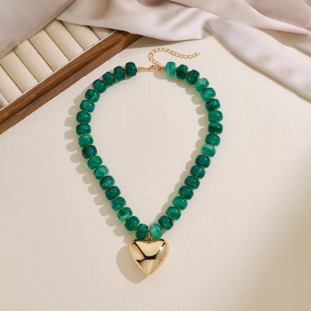 Women's Boho Natural Stone Beaded Choker Necklace - Gold-Plated Heart Pendant, Adjustable Bead Collar, Vintage Statement Jewelry for Daily, Party Use (5 Styles: Multicolor, Emerald Green, Teal, Cream, Lapis Lazuli)
