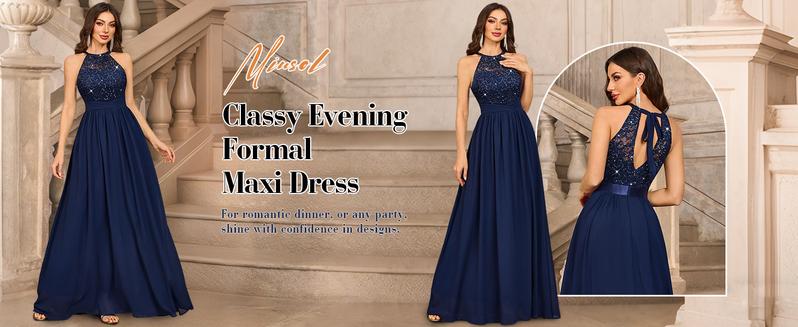 MIUSOL 24447A Women's Sequin Lace Sleeveless Halter Tie Back Ruched Waist Design Formal Evening Gowns Maxi Dress for Formal Event, Evening Party, Banquet, Festival, Quinceaneradress, Bridesmaid Dress