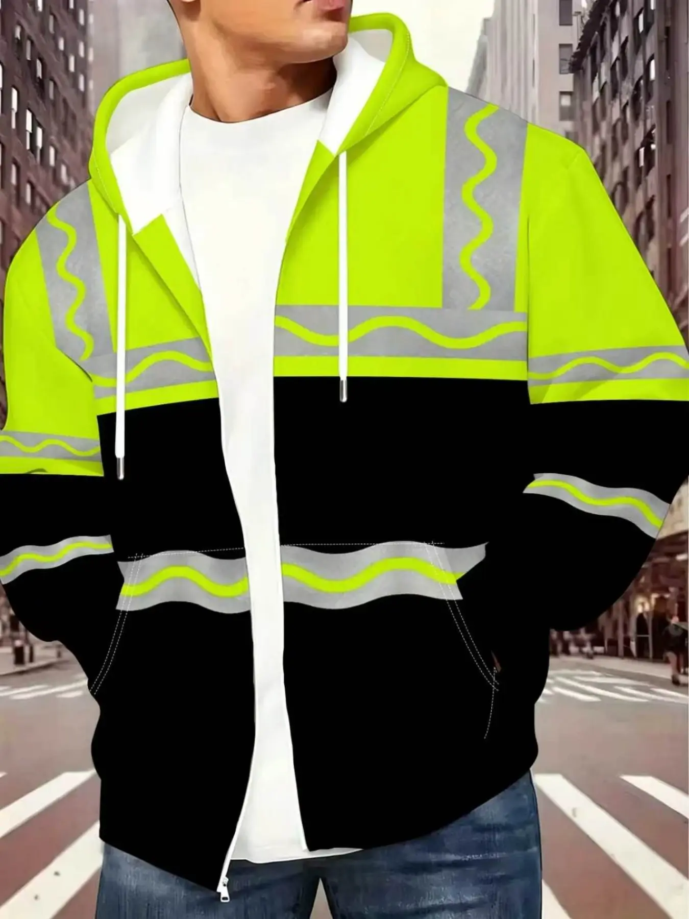 Men's Zipper Hooded Work Jacket, High Visibility Colorblock Wave Stripe Print, Drawstring Long Sleeve Casual Outerwear, Ideal for Construction & Daily Wear
