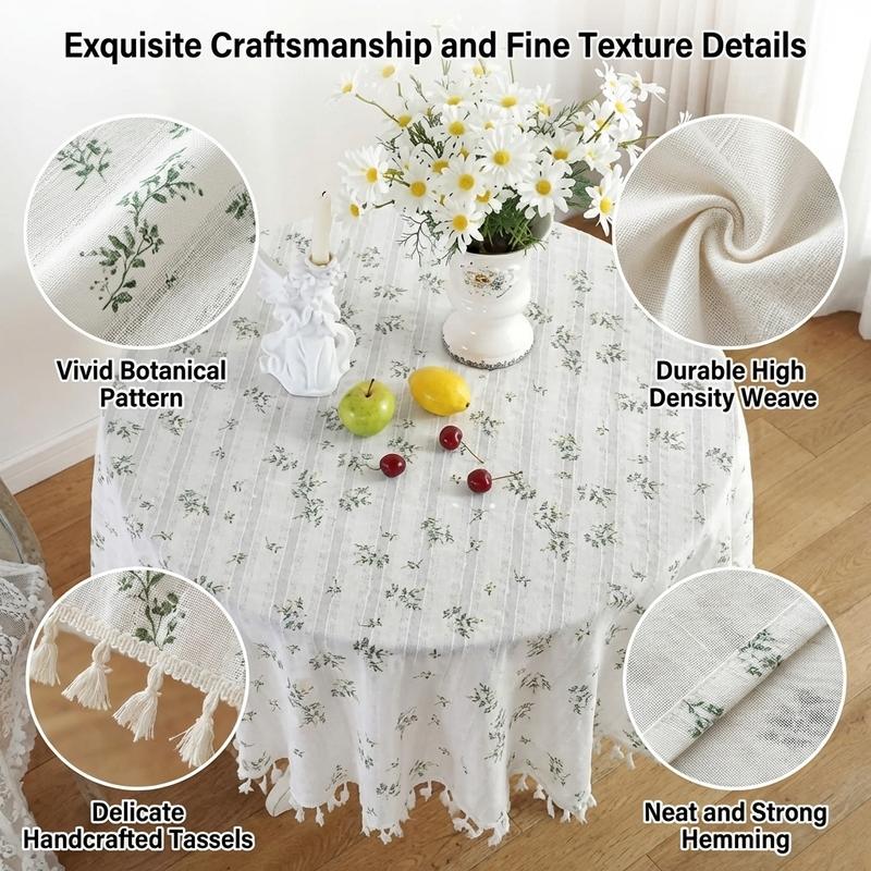 French Style Round Tablecloth, Cream Floral Design, Handmade Fringe Edge, Ideal for Tea Parties, Outdoor Decor, Mother's Day Gift