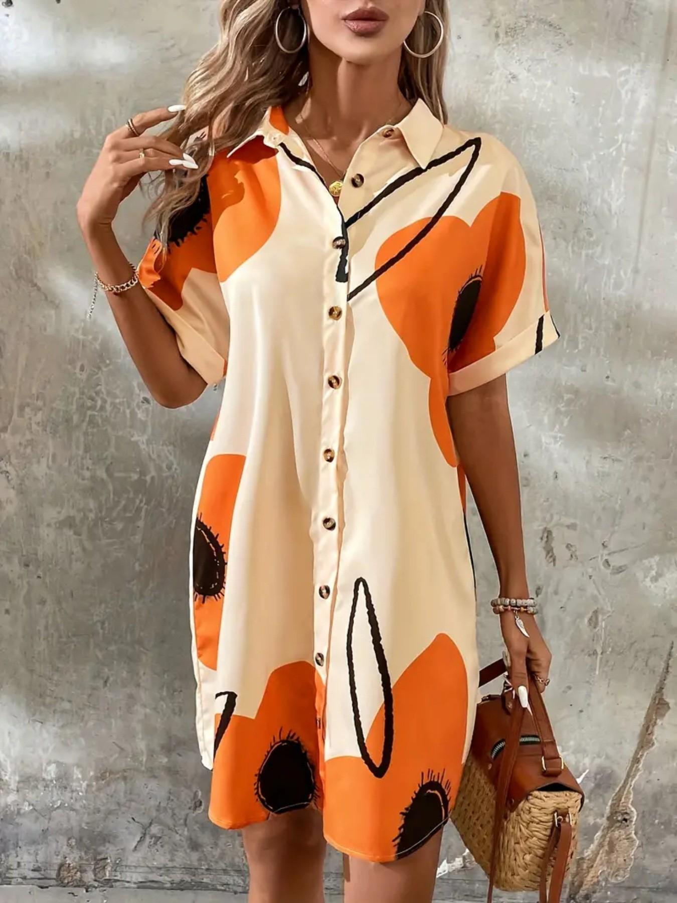 Spring Summer New Print Fashion Casual Women's Short Shirt Dress, Stylish Ladies' Clothing, Perfect for Daily Wear & Button