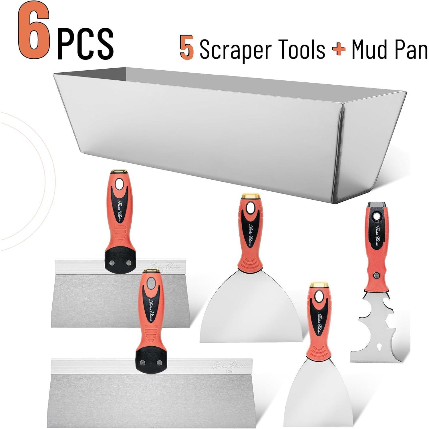 - Drywall Hand Tool Kit, 6 count, 3" 4" 6" 8" 12", Stainless Steel Drywall Tool with Metal Hammer End, Putty  Set, Taping , 12.5" Mud Pan for Joint Taping, Finishing and Patching
