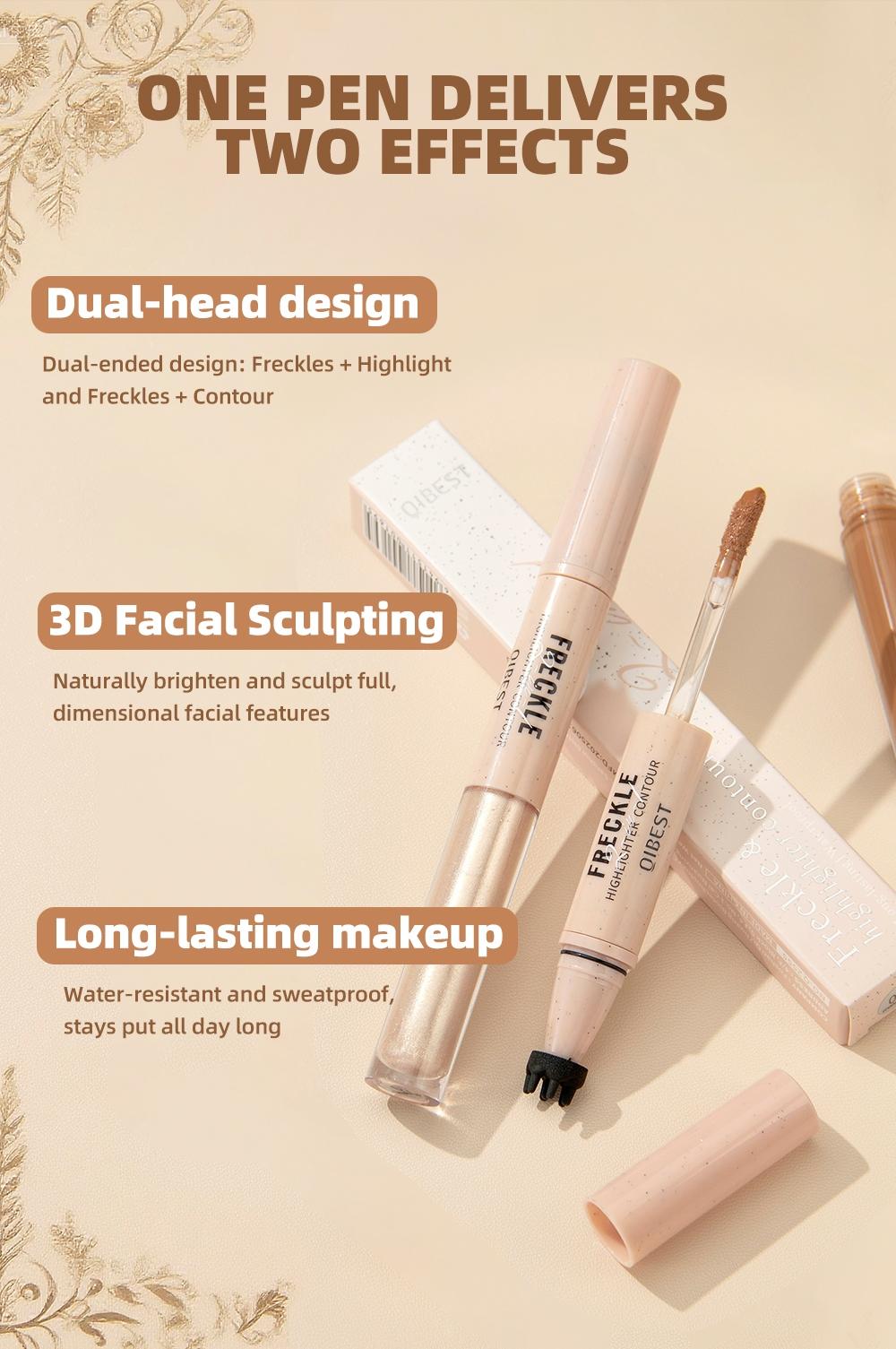 2-in-1 freckle pen, waterproof, sweatproof, long-lasting, shimmering highlighter makeup, double-headed freckle pen